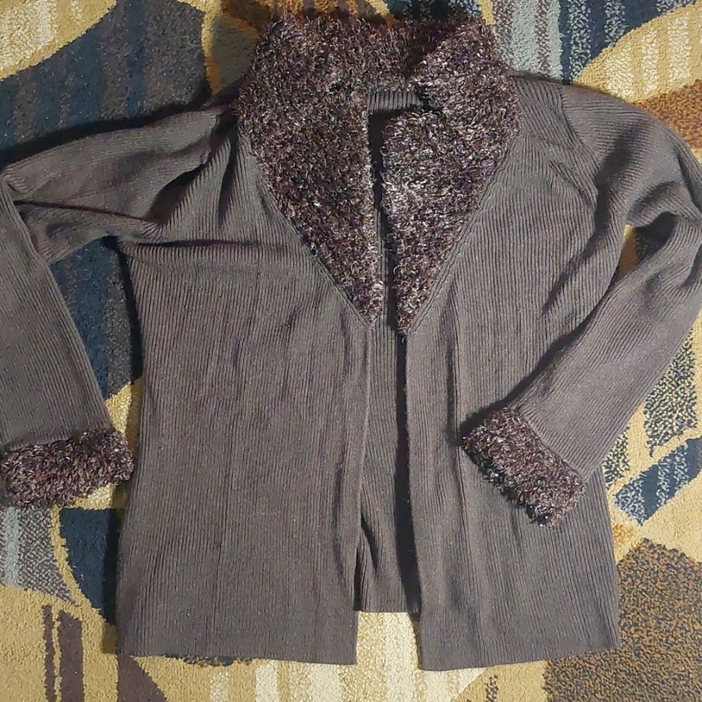 Brown Sweater with fuzzy collar and cuffs